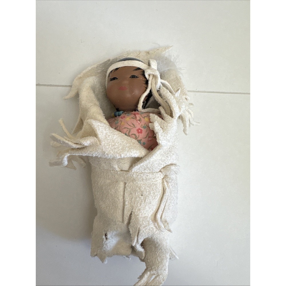 Vintage Native American Indian Baby Swaddled Doll With Feather On Hair